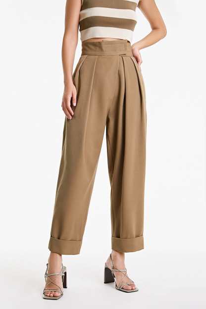 Burly Wood Hook And Loop Pleat Front Turn-Up Hem Suit Pants