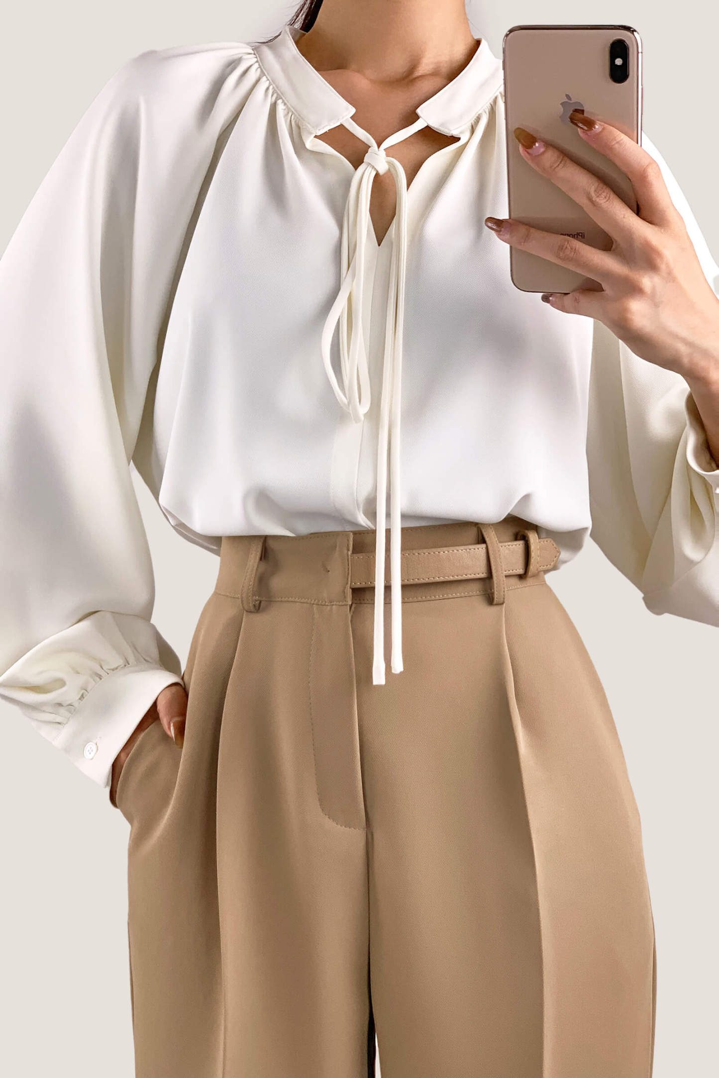 Ivory Tie Neck Balloon Sleeve Gathered Detail Blouse