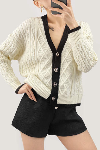 Beige Contrast V-Neck Knitted Cardigan