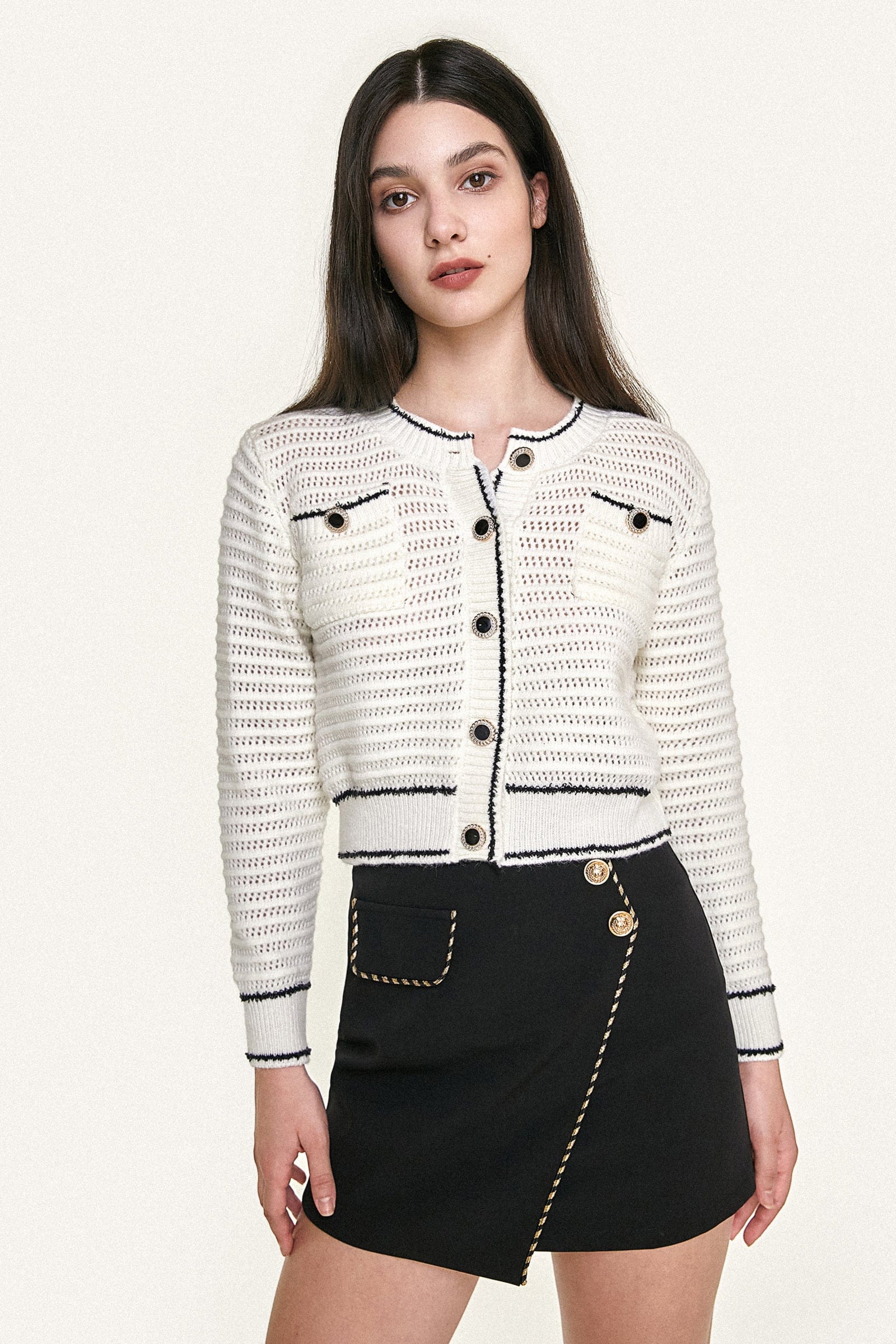 Wool Blend Lace Trim Metal Button Cardigan