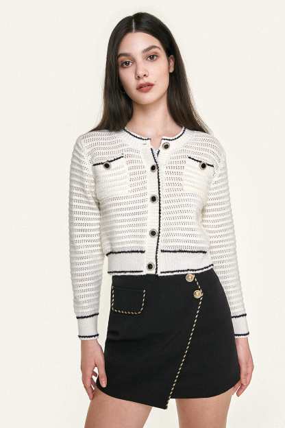 White Contrast Trim Button-Up Pointelle-Knit Cardigan
