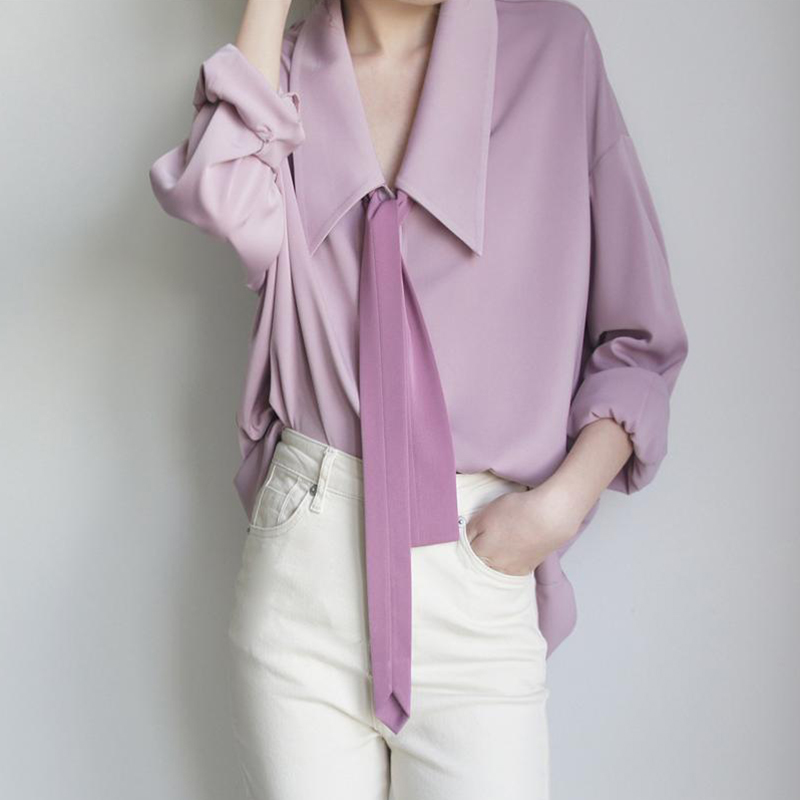 Purple Pointed Collar Tie Front Blouse