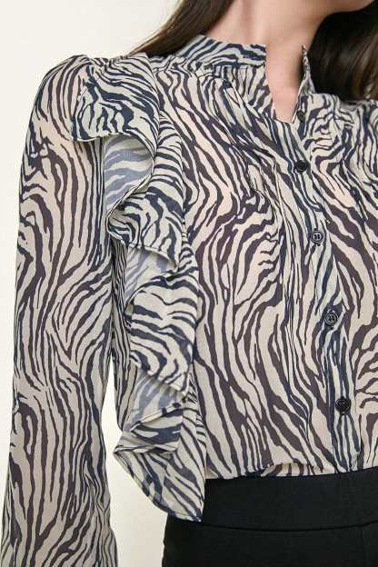 Black Zebra Print Ruffle Trim Button-Up Chiffon Work Shirt