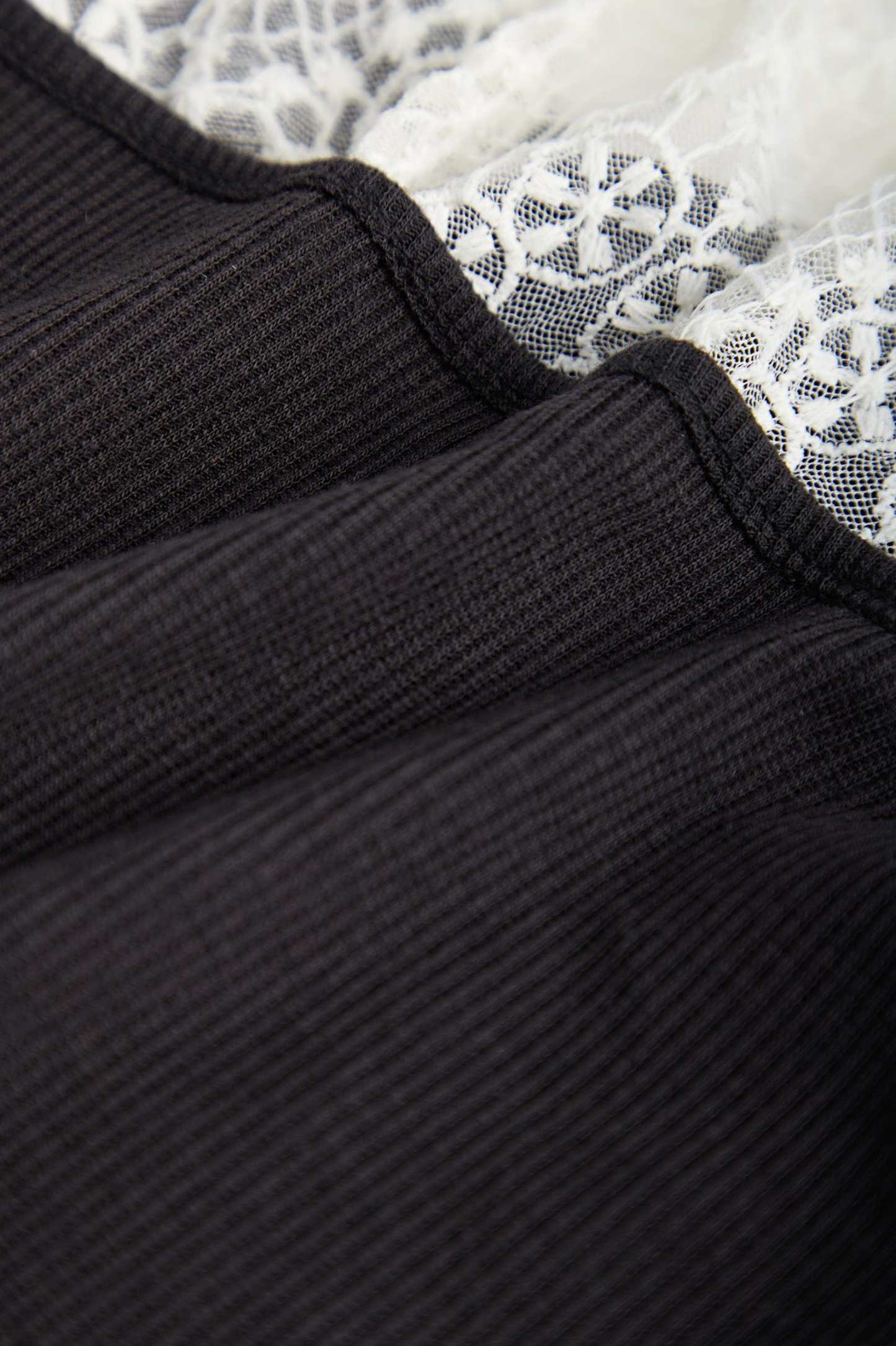 Black Ribbed Lace Long Sleeve Blouse