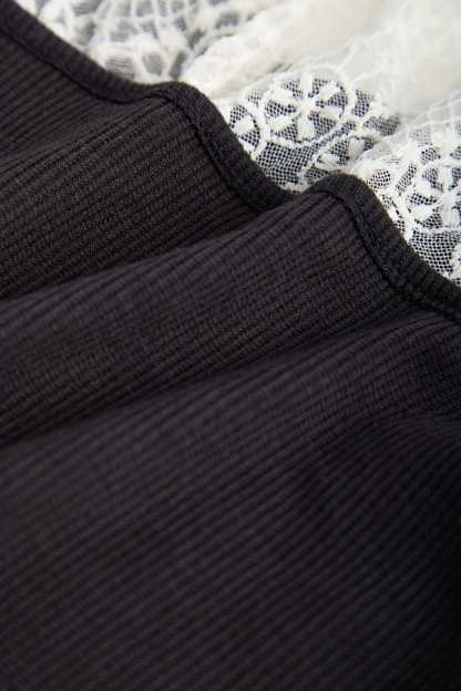 Black Ribbed Lace Long Sleeve Blouse
