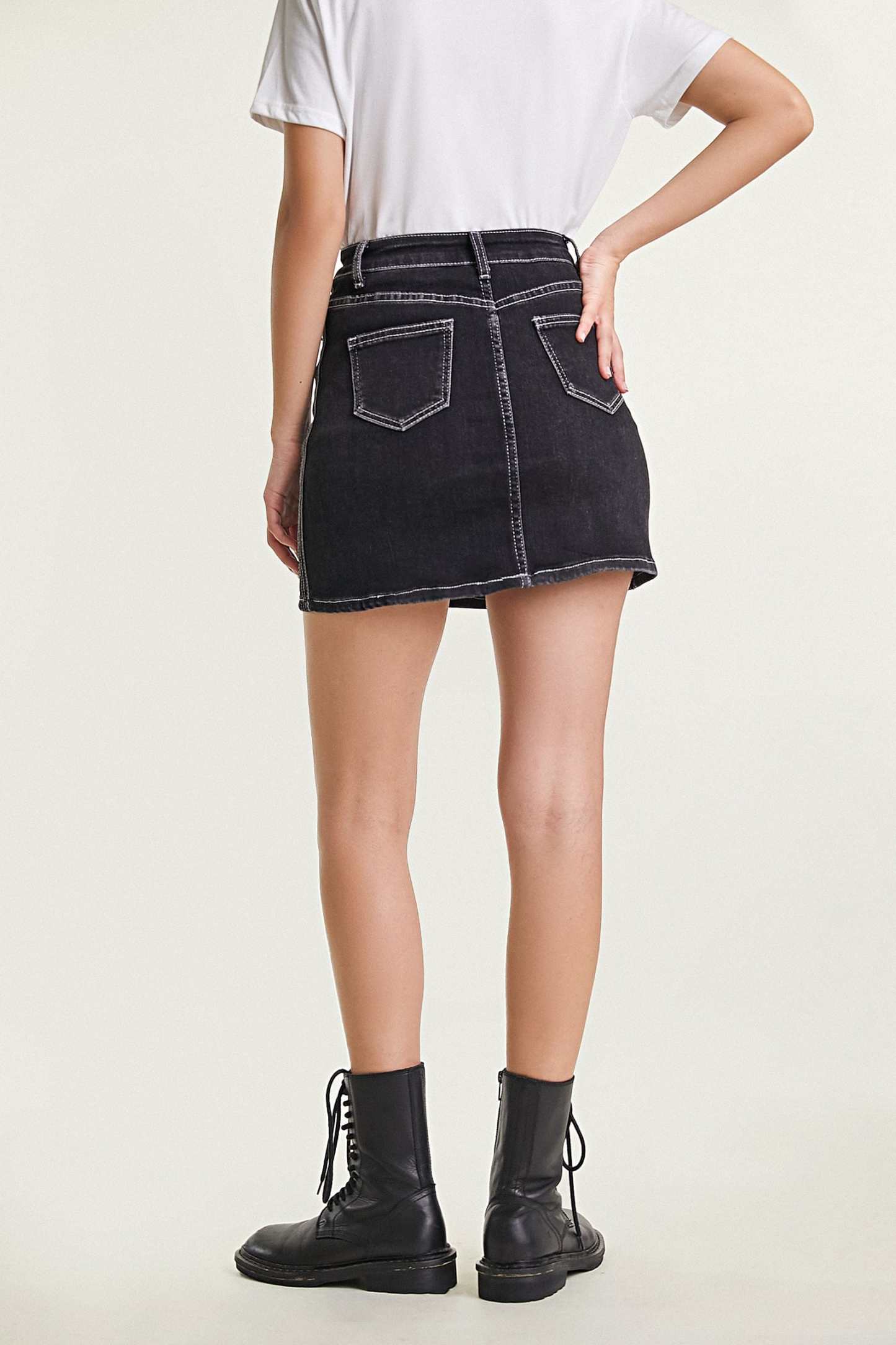Black Contrast Stitch Cotton-Blend Mini Denim Skirt