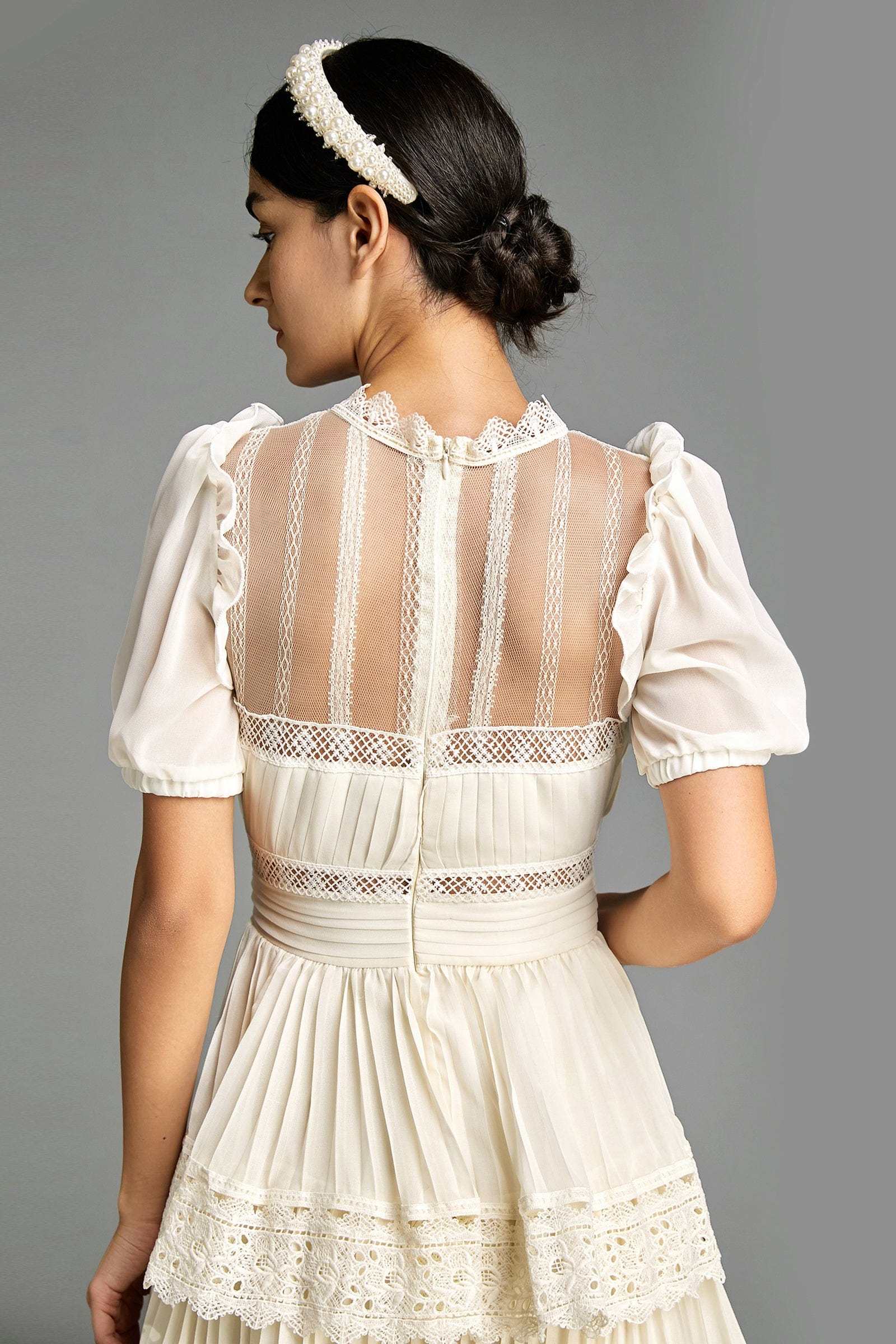 Beige Mesh Lace Trim Pleated Tiered Maxi Dress