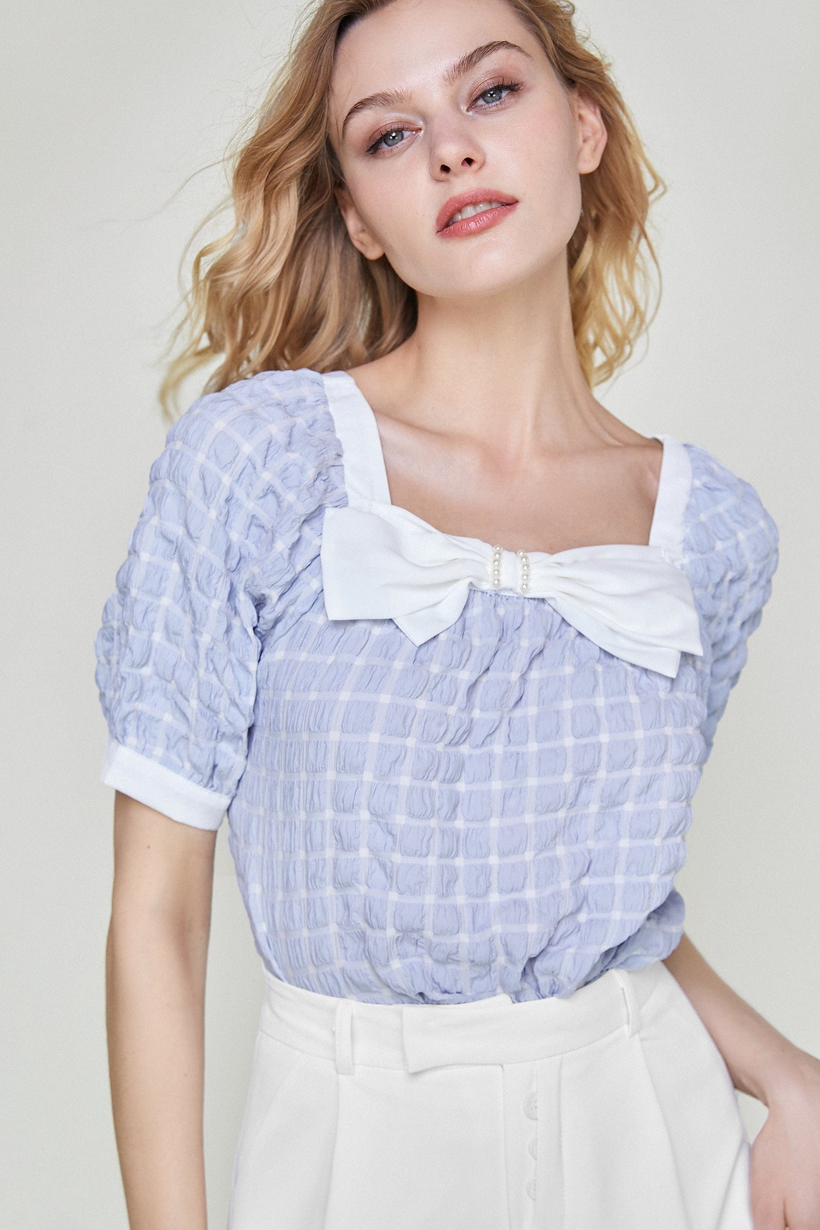 Light Sky Blue Square Neck Bow-Embellished Textured Blouse