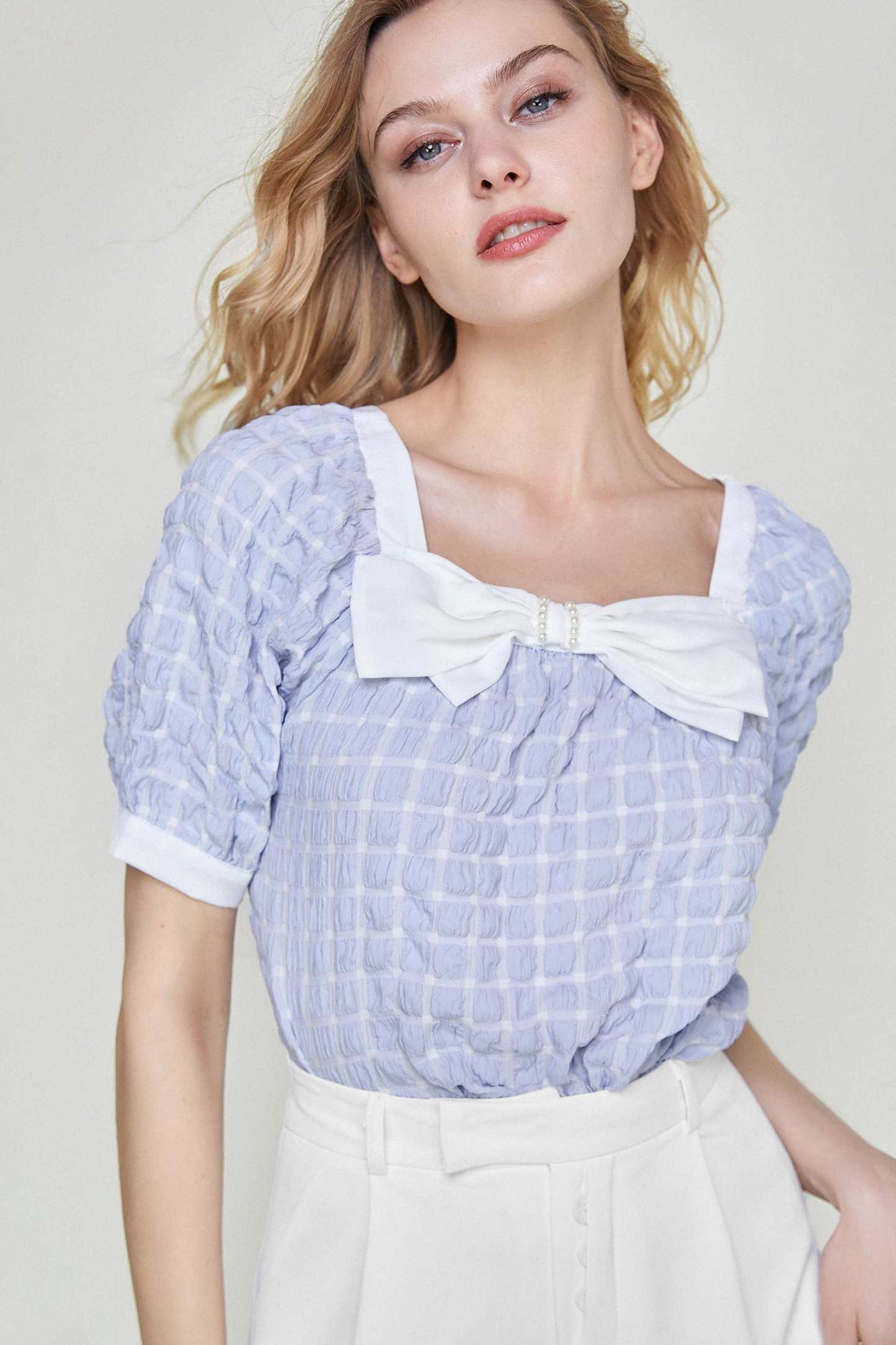 Light Sky Blue Square Neck Bow-Embellished Textured Blouse