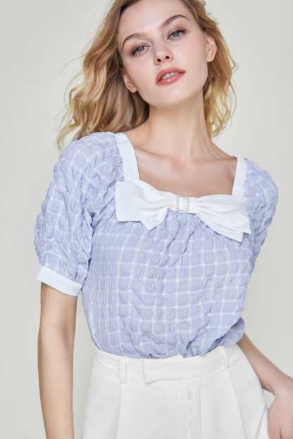 Light Sky Blue Square Neck Bow-Embellished Textured Blouse