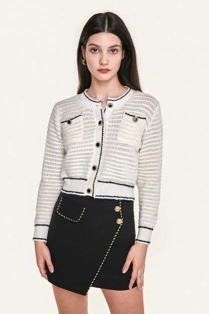 White Contrast Trim Button-Up Pointelle-Knit Cardigan