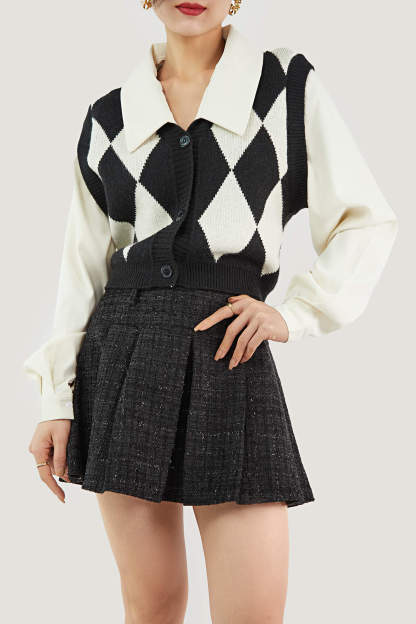 Black Diamond Layered Knit Cardigan Attached Vest