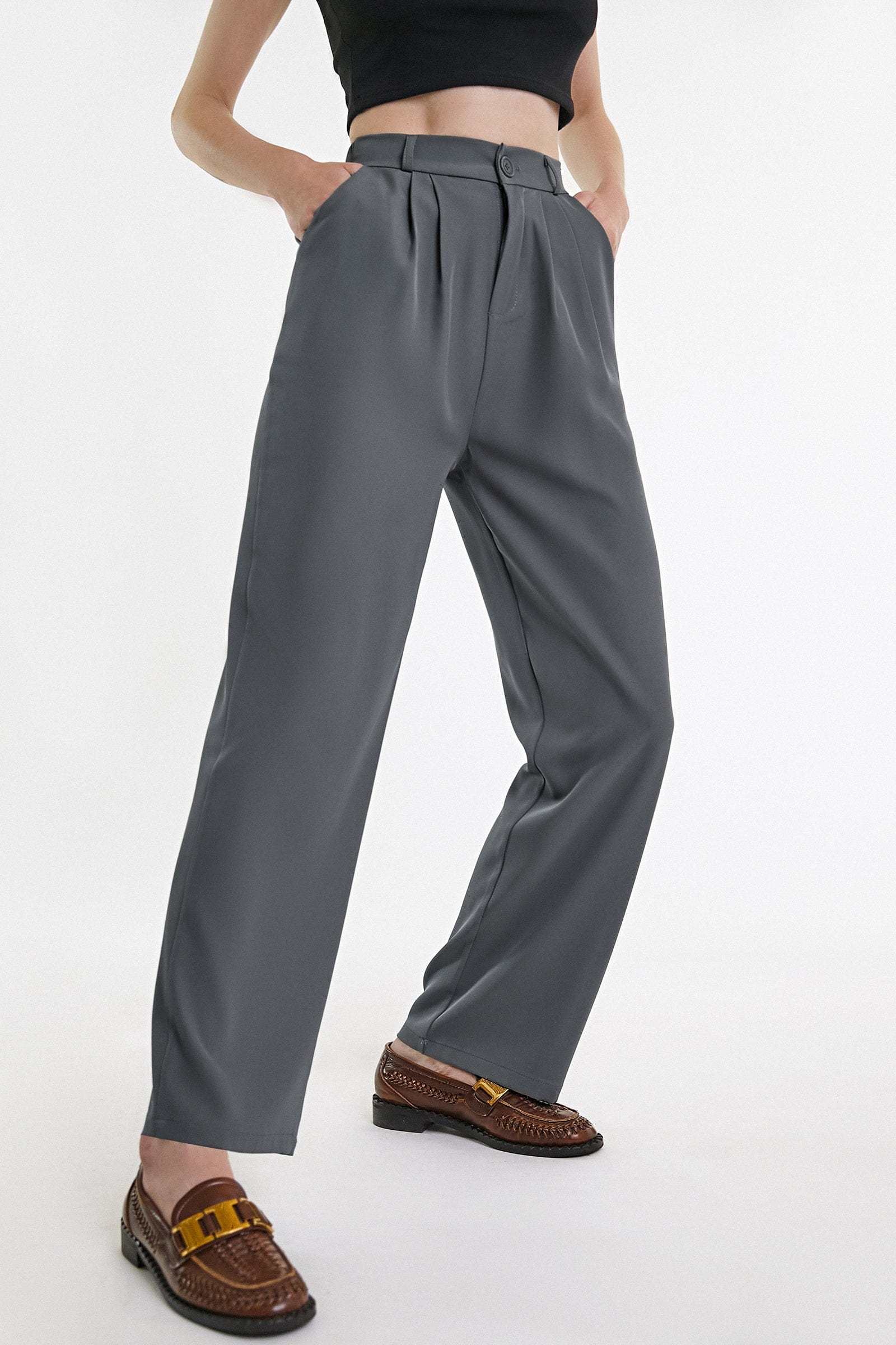 Dim Grey Half Elastic Pleat Detail Wide Leg Suit Pants