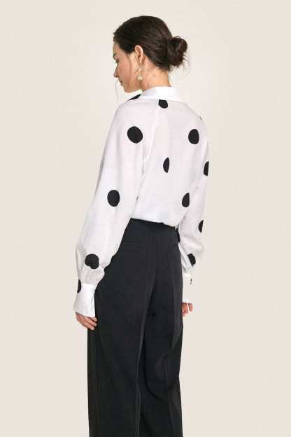 Ivory Polka Dot Balloon Sleeve Button-Up Chiffon Shirt
