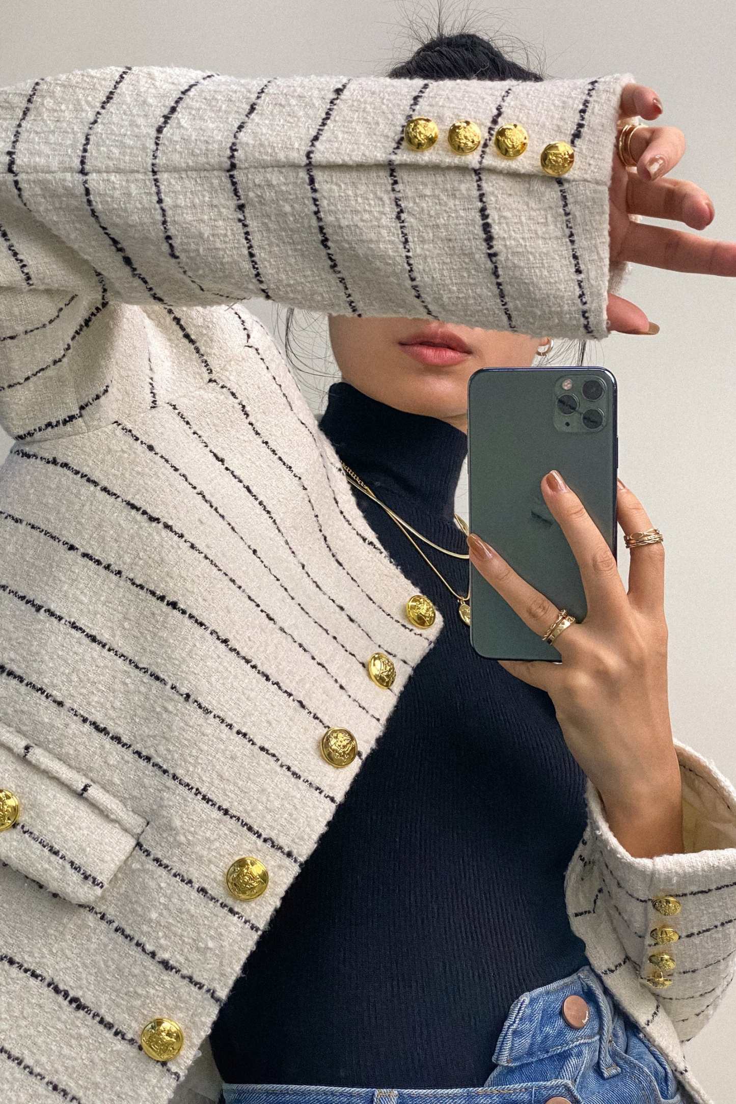 White Striped Tweed Jacket With Gold Buttons