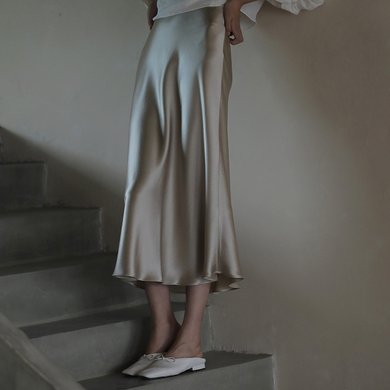 Beige Satin High-Rise A-Line Midi Skirt