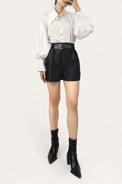 White Pointed Collar Button Detail Lantern Sleeve Shirt