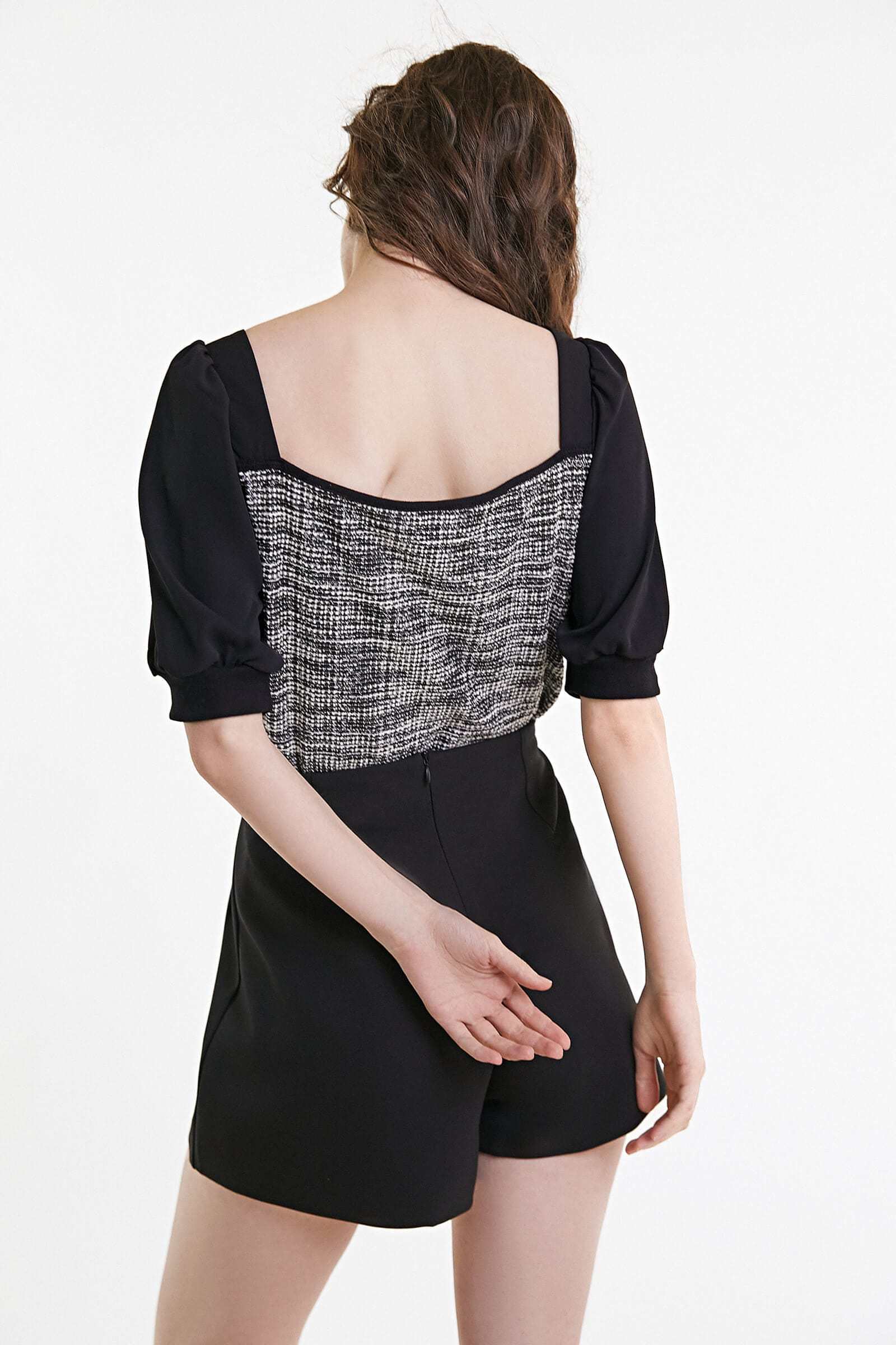 Black Tweed Square Neck Button Detail Puff Sleeve Blouse