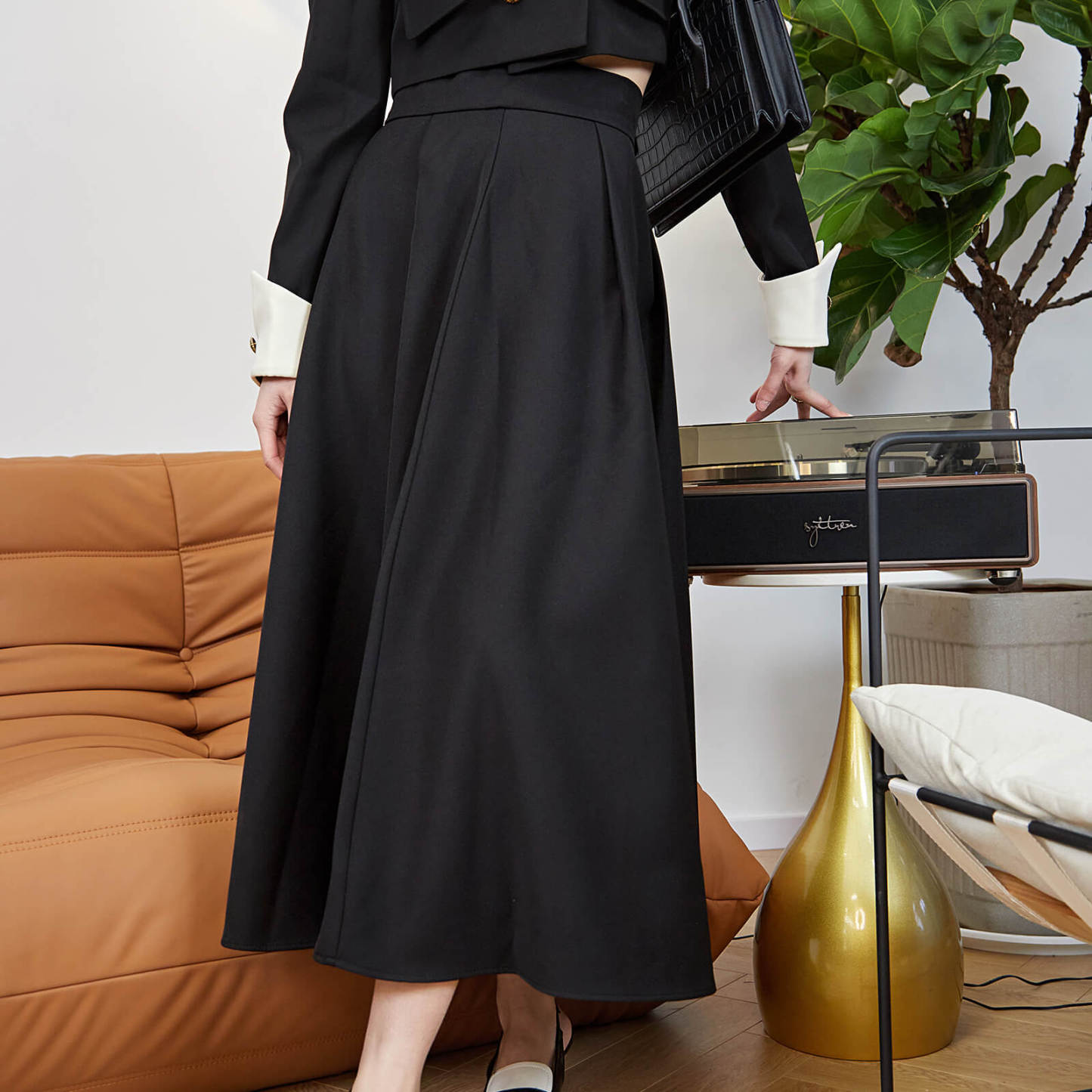 Black High-Waisted A Line Midi Skirt