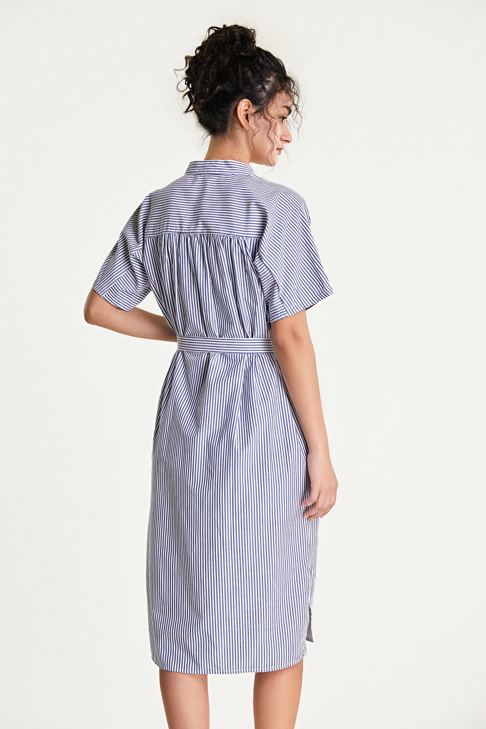 Blue Striped Tie Waist Stand Collar Midi Shirt Dress