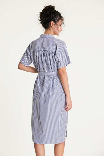Blue Striped Tie Waist Stand Collar Midi Shirt Dress