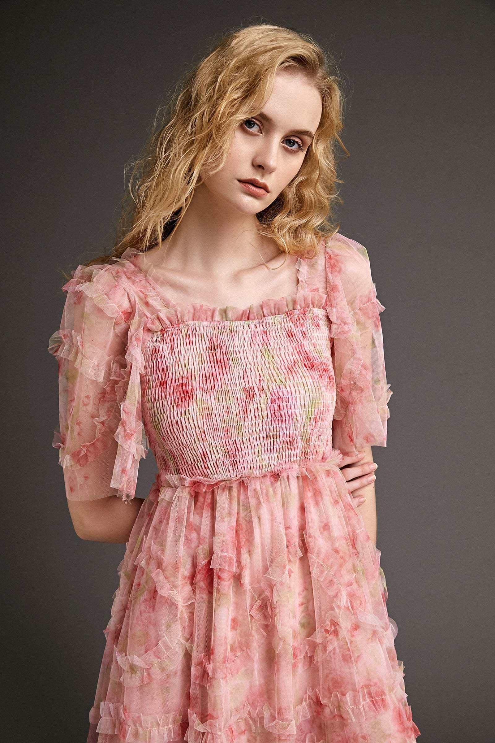 Pink Ruffled Smocked Floral Print Mesh Maxi Dress