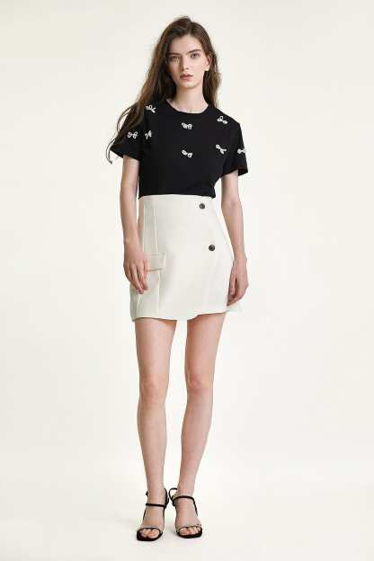 Black Faux-Pearl Bow Embellished Cotton Blouse