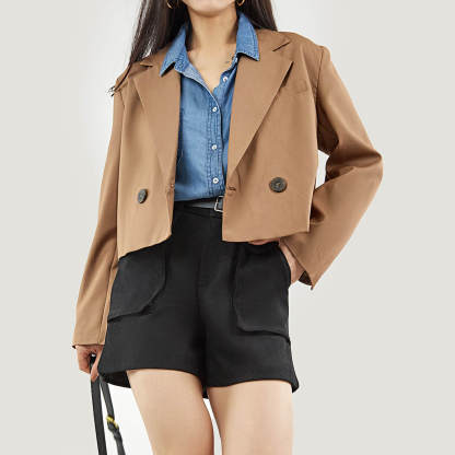 Saddle Brown Double-Breasted Cropped Blazer