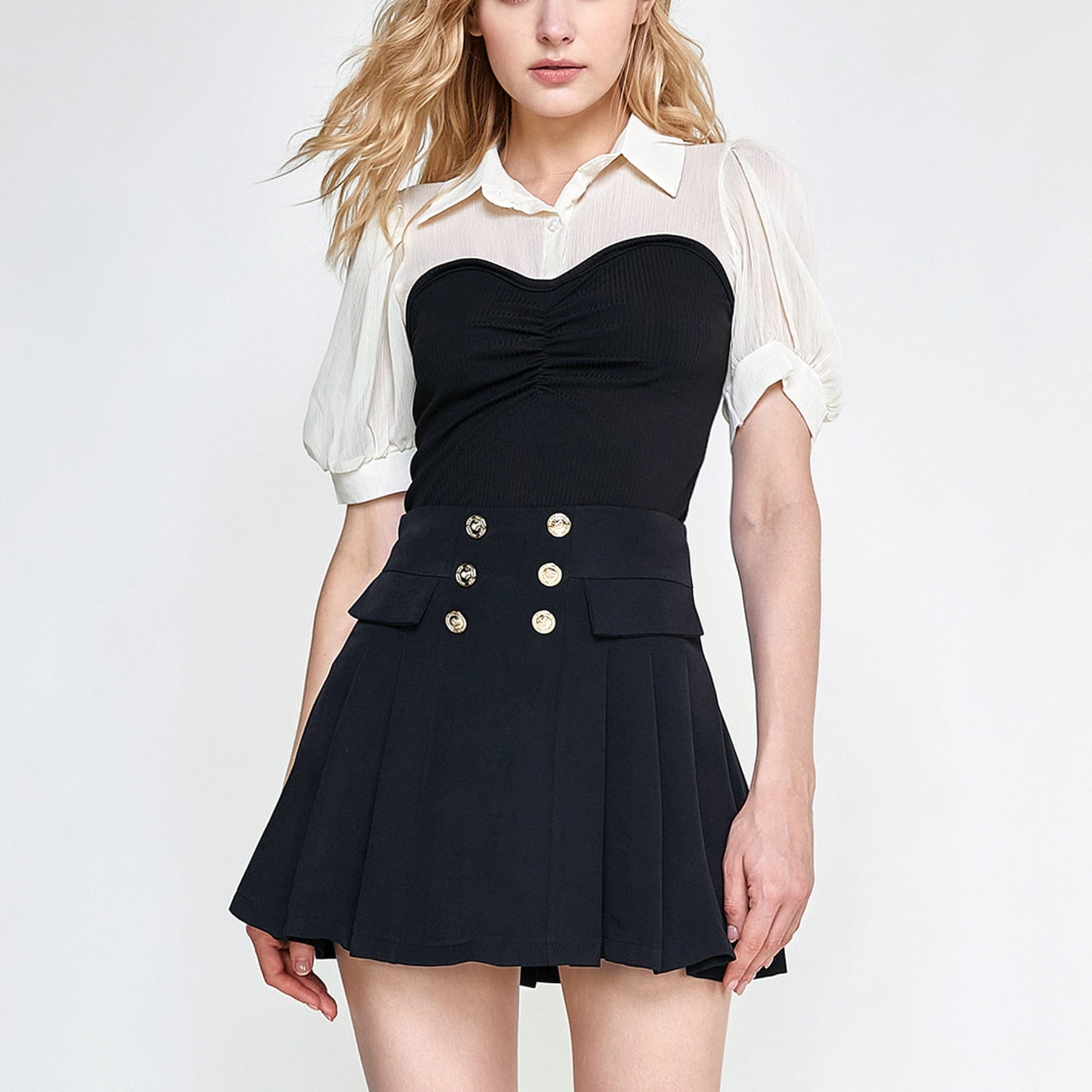 Black Contrast Mesh Puff Sleeve Polo Collar Blouse