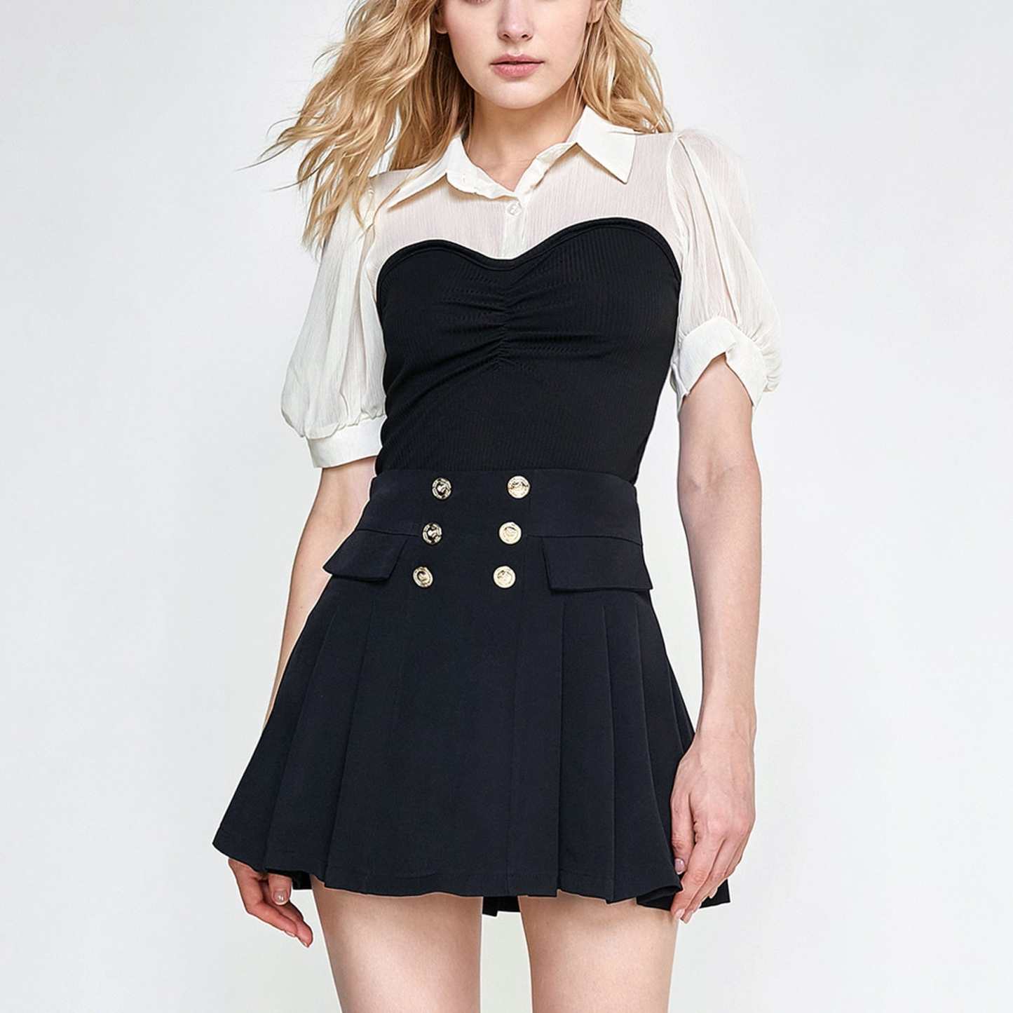 Black Contrast Mesh Puff Sleeve Polo Collar Blouse