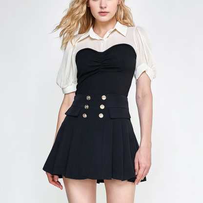 Black Contrast Mesh Puff Sleeve Polo Collar Blouse