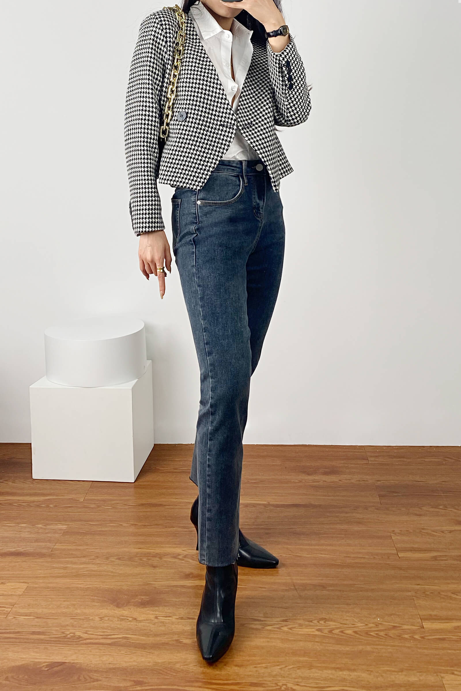 Black Houndstooth V-Neck Double-Breasted Jacket