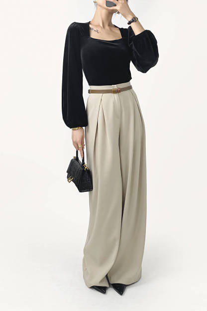 Black Velvet Balloon Sleeve Square Neck Blouse