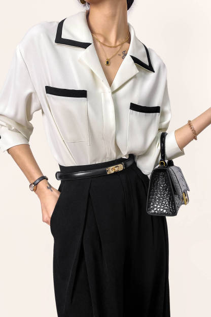 Contrast Trim Notched Lapels Button-Up Blouse