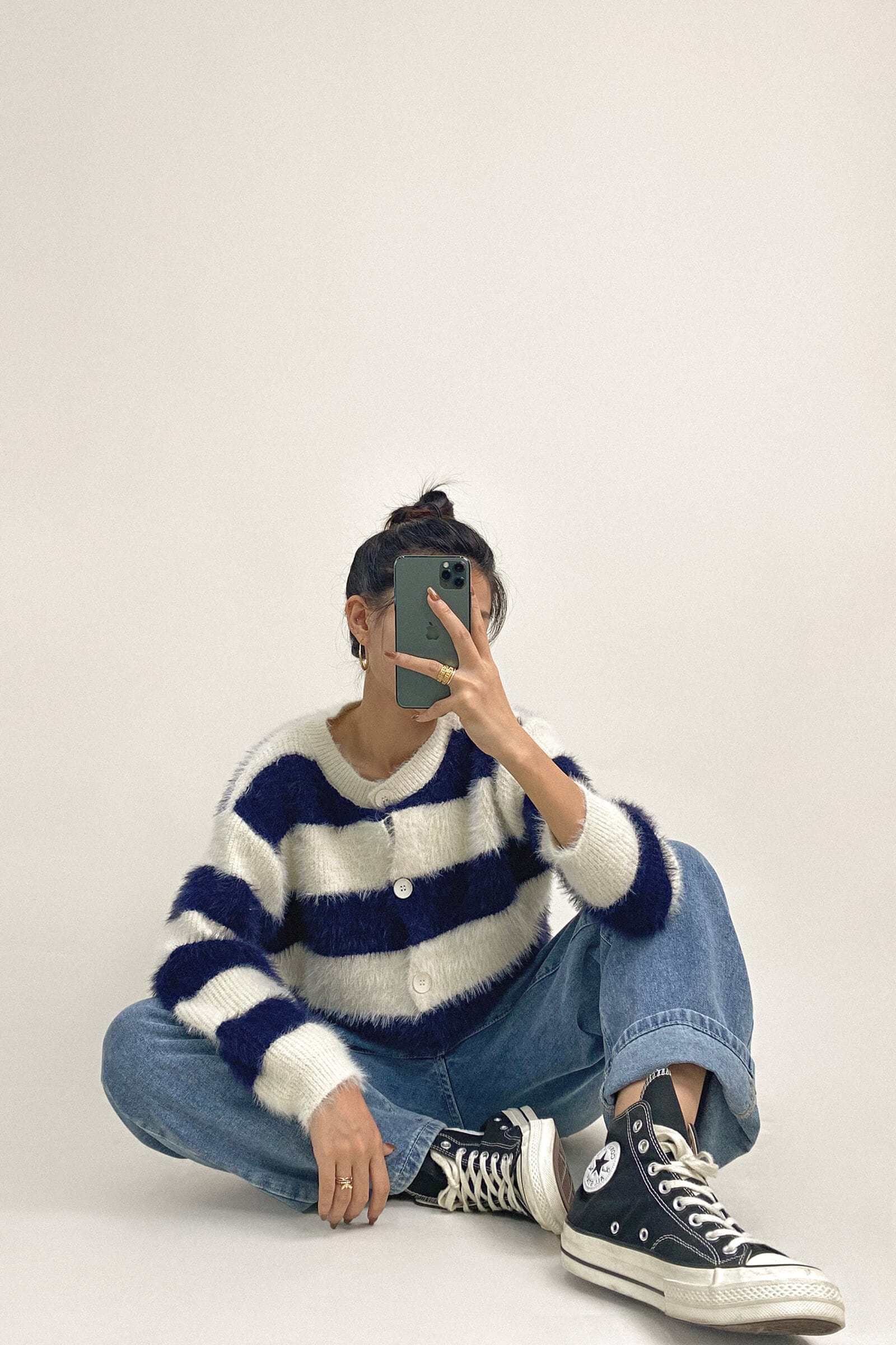 Dark Blue Striped Button-Up Fuzzy Knit Cardigan