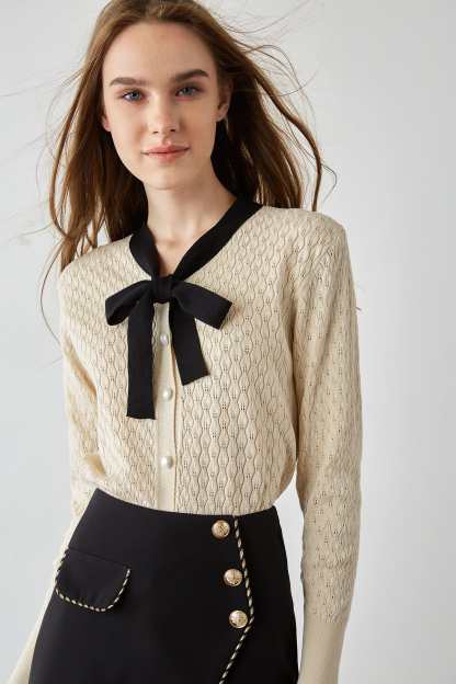 Ashtyn Beige Contrast Bow Tie Cardigan