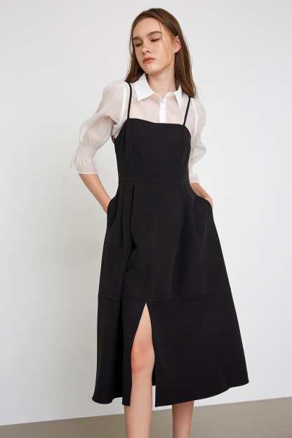 Astraea Black Slit Hem Midi Dress