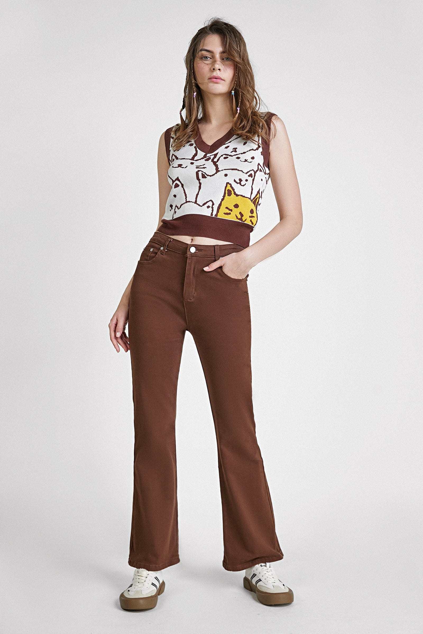 Saddle Brown Cat Print Knitted Vest