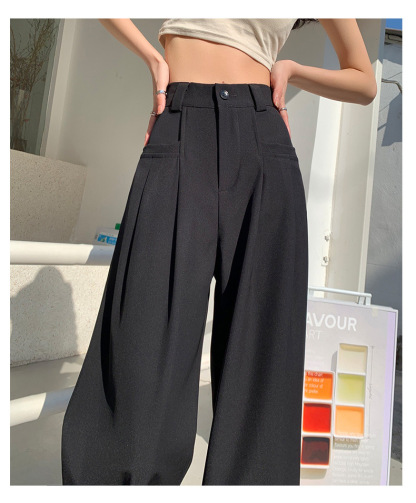 Black Wide-Leg Slip Pocket Straight Suit Pants