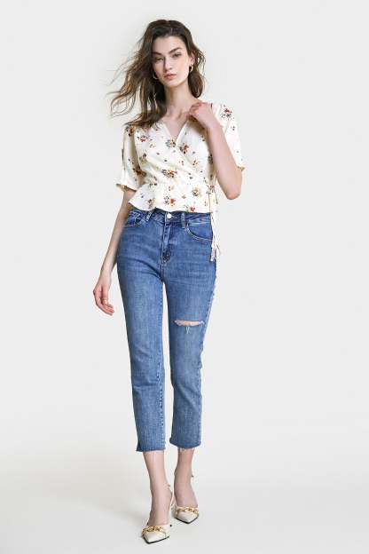 Ivory Floral Print Surplice V-Neck Tie Detail Blouse