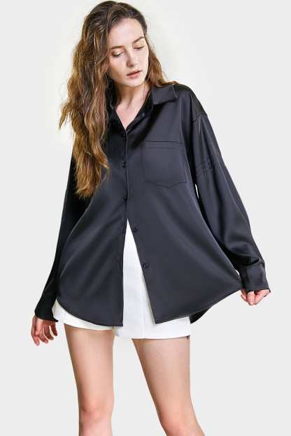 Black Satin Button Front Chest Pocket Shirt