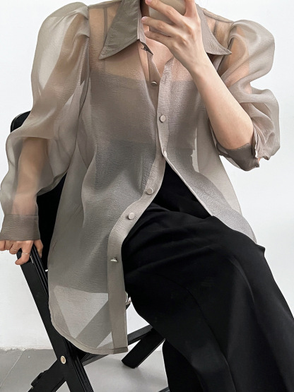 Puff Sleeve Long Sleeve Shirt Grey
