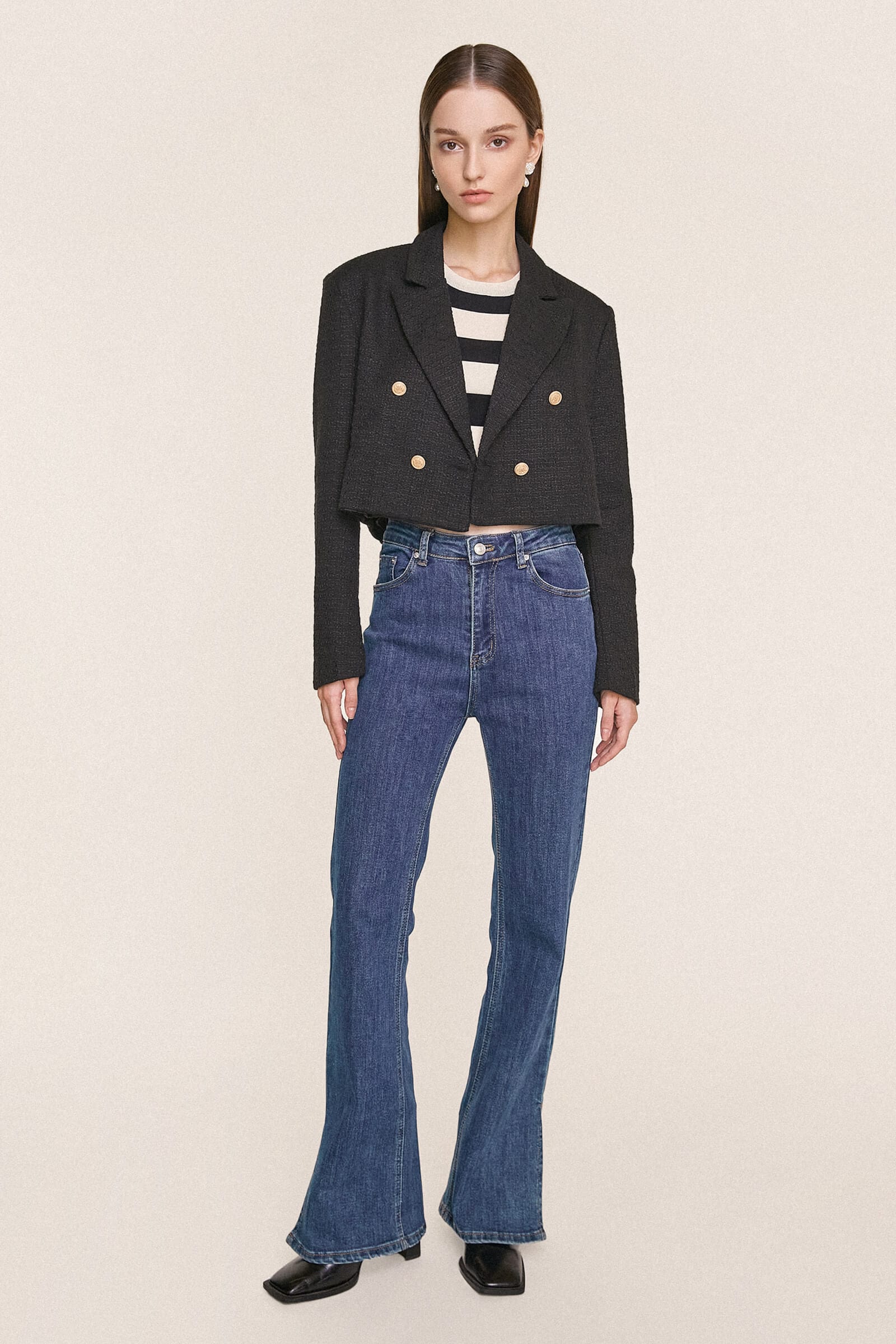 Black Textured Double-Breasted Cropped Tweed Blazer