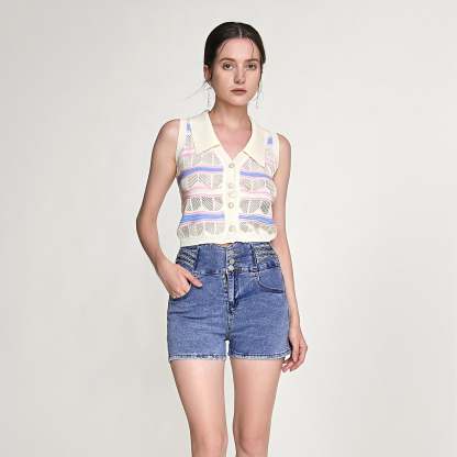 Ivory Striped Button-Up Knitted Collar Vest