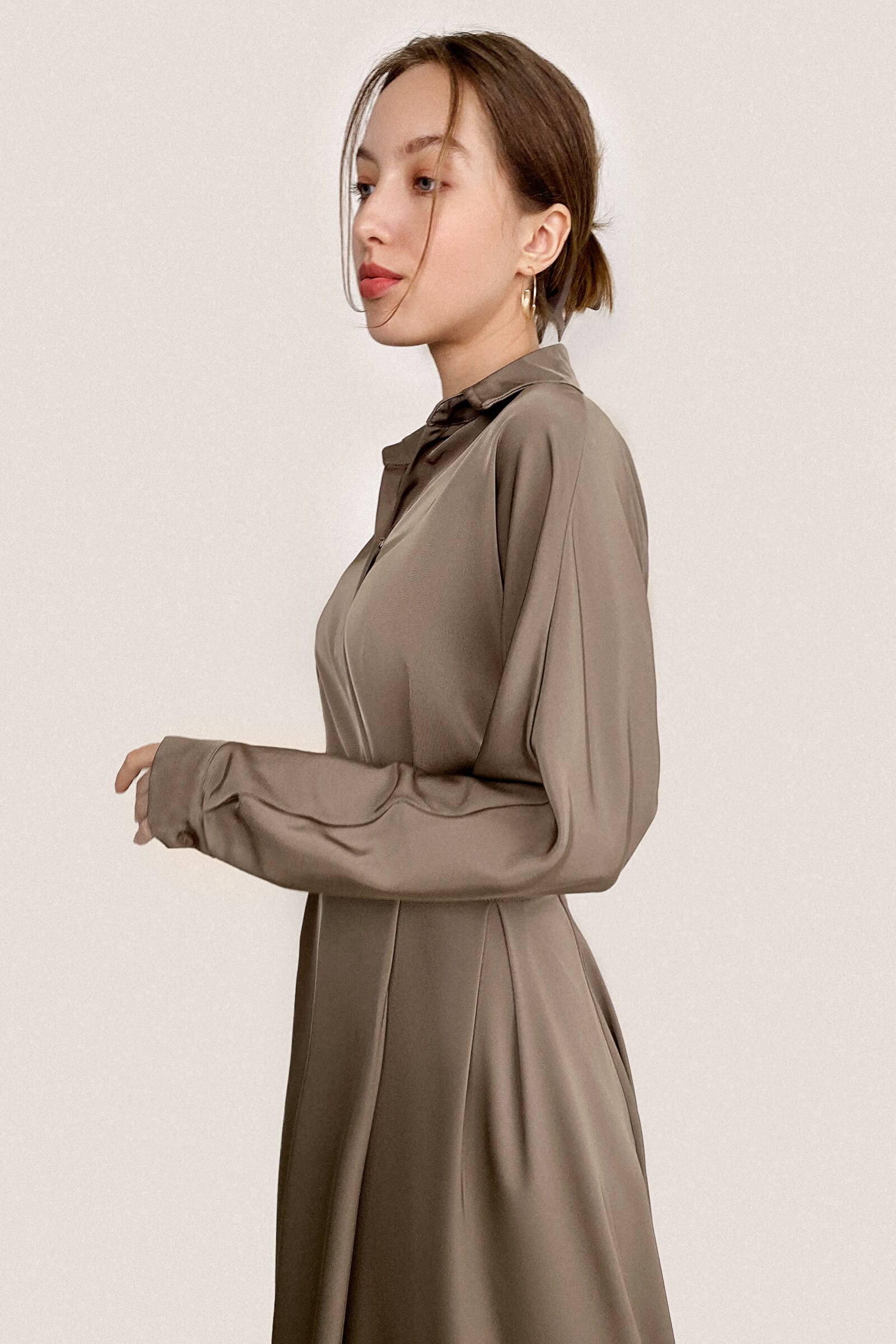 Brown Surplice Pleat Detail A-Line Maxi Shirt Dress