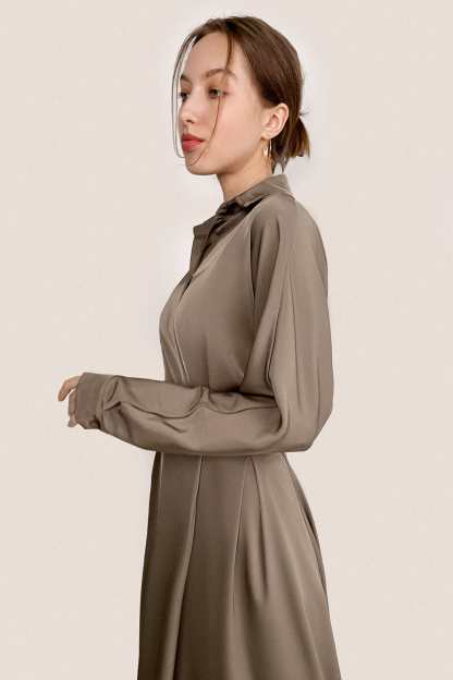 Brown Surplice Pleat Detail A-Line Maxi Shirt Dress