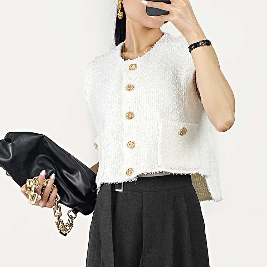 White Pocket Detail Gold Button Cropped Knitted Vest-J.ING