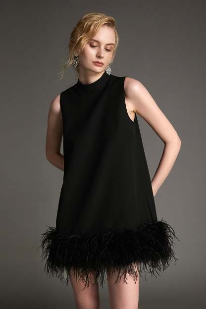 Black Sleeveless Mock Neck Feather-Trimmed Mini Dress