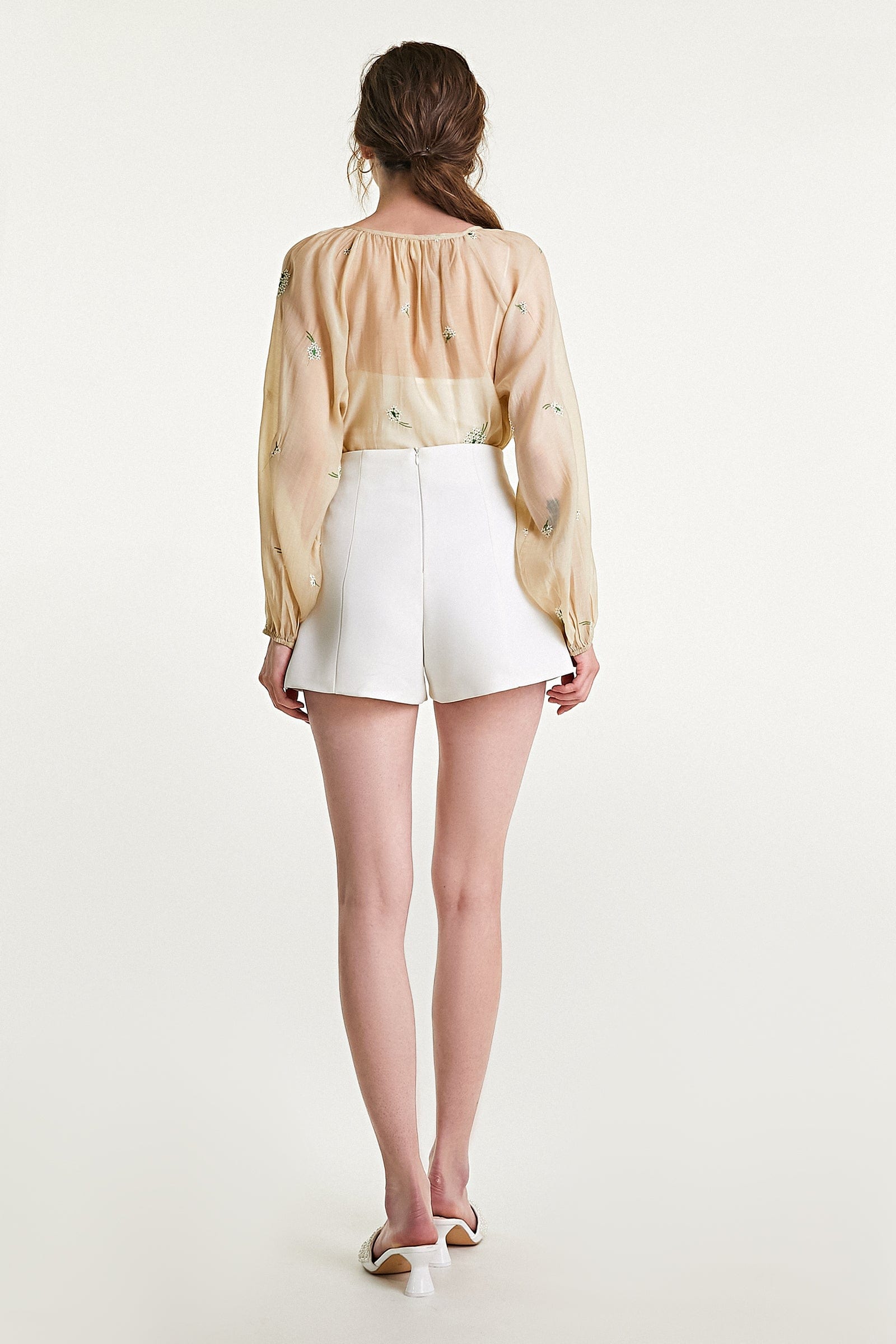 Beige Floral Embroidery Button Front Balloon Sleeve Blouse