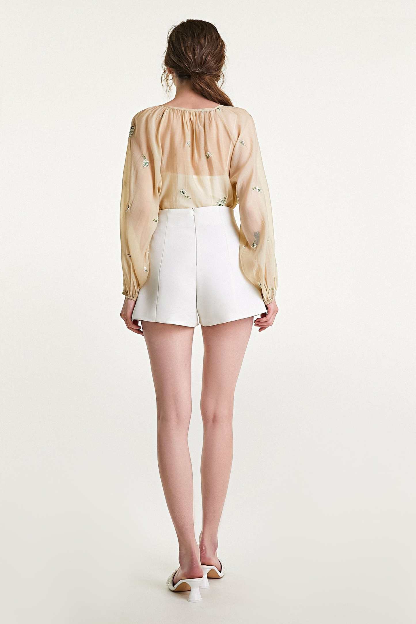 Beige Floral Embroidery Button Front Balloon Sleeve Blouse